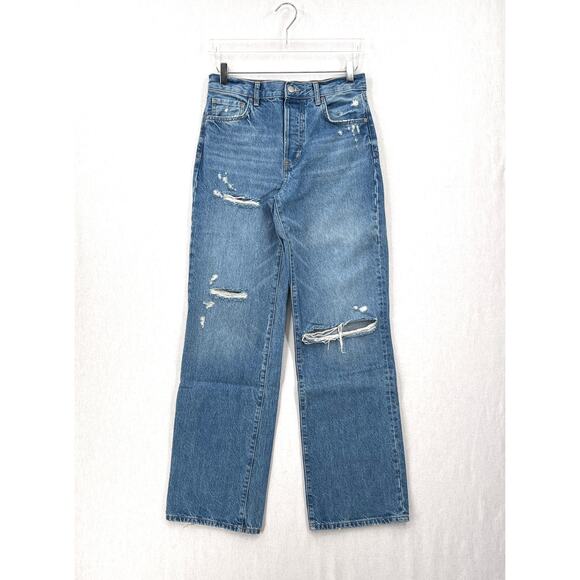 ZARA Distressed Loose Fit Low Rise Jeans Womens 27 Medium Blue Wash Straight Leg - Picture 2 of 15